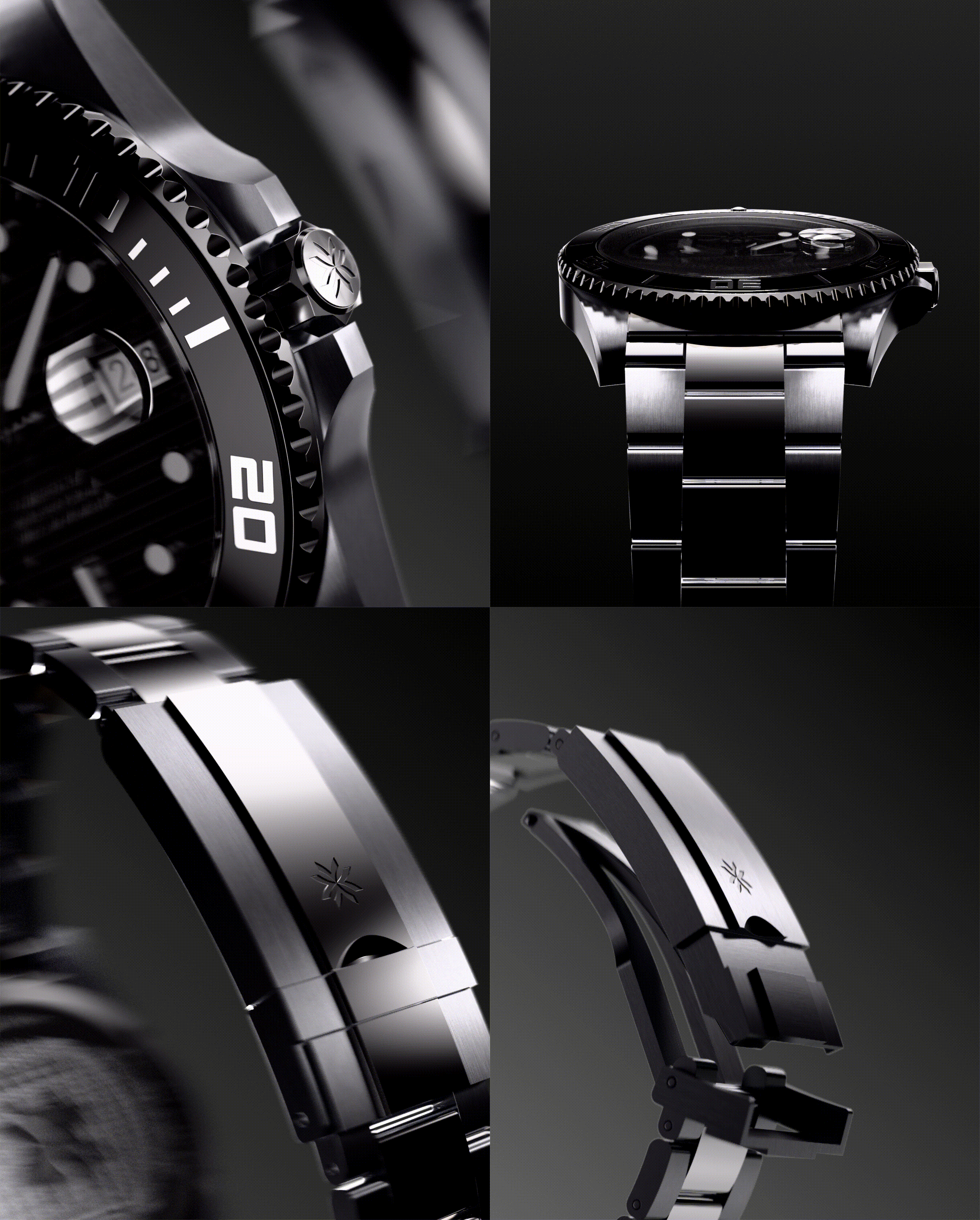 Detailed close-up renders of the Pierre Moreau luxury watch materials and finishing