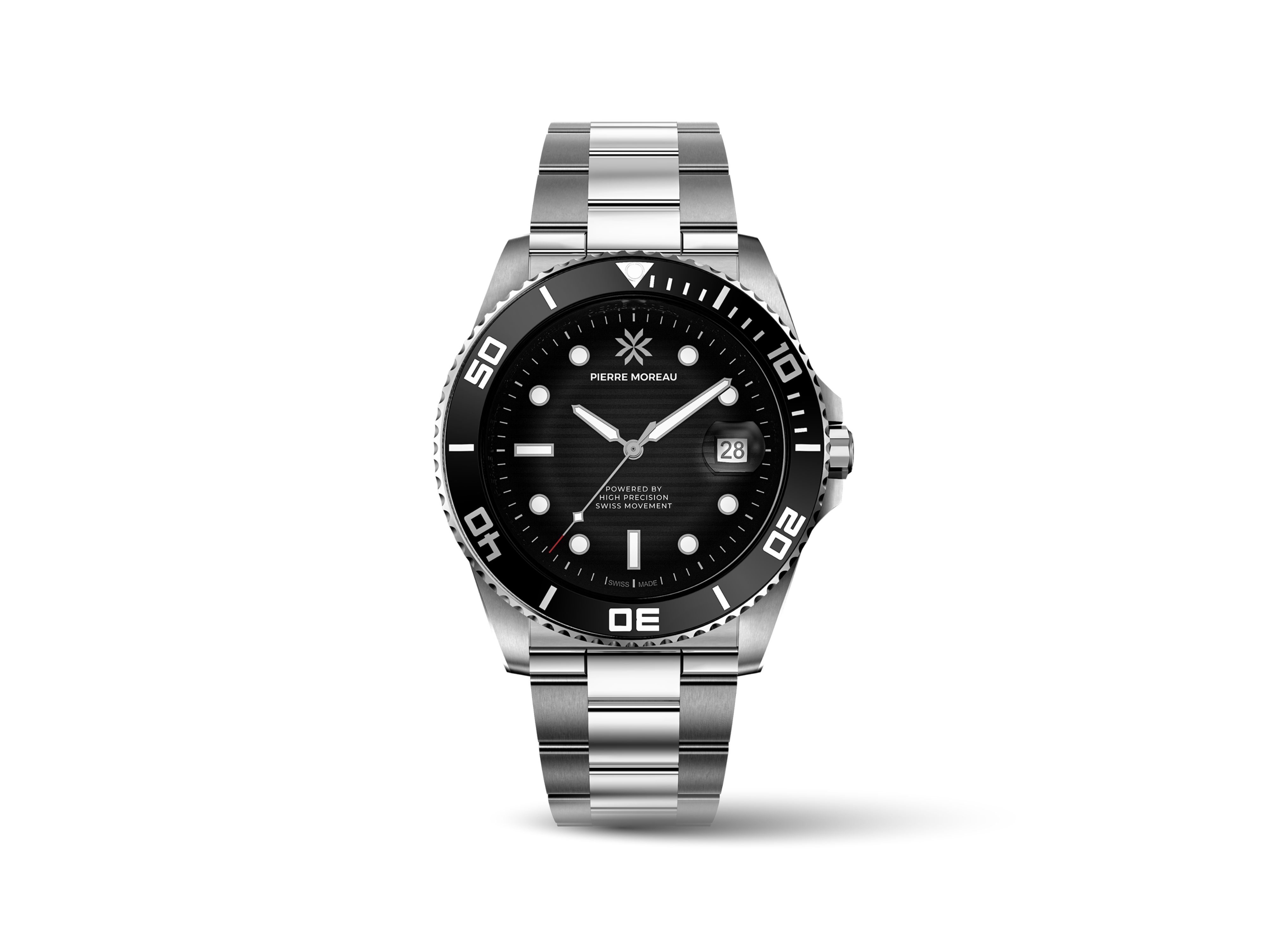Front-facing photorealistic 3D render of the Pierre Moreau luxury watch