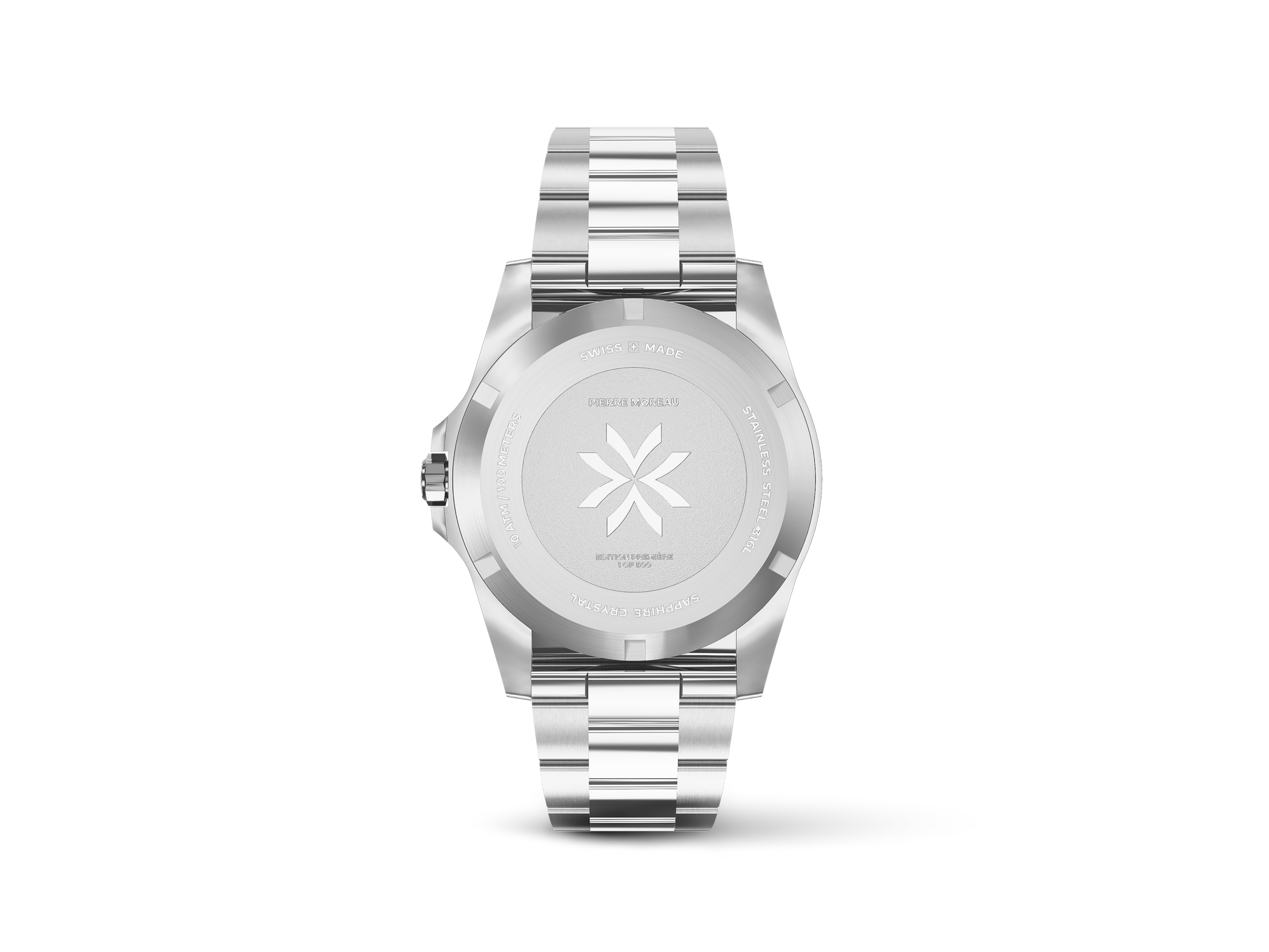 Rear detail render of the Pierre Moreau luxury watch bracelet and case