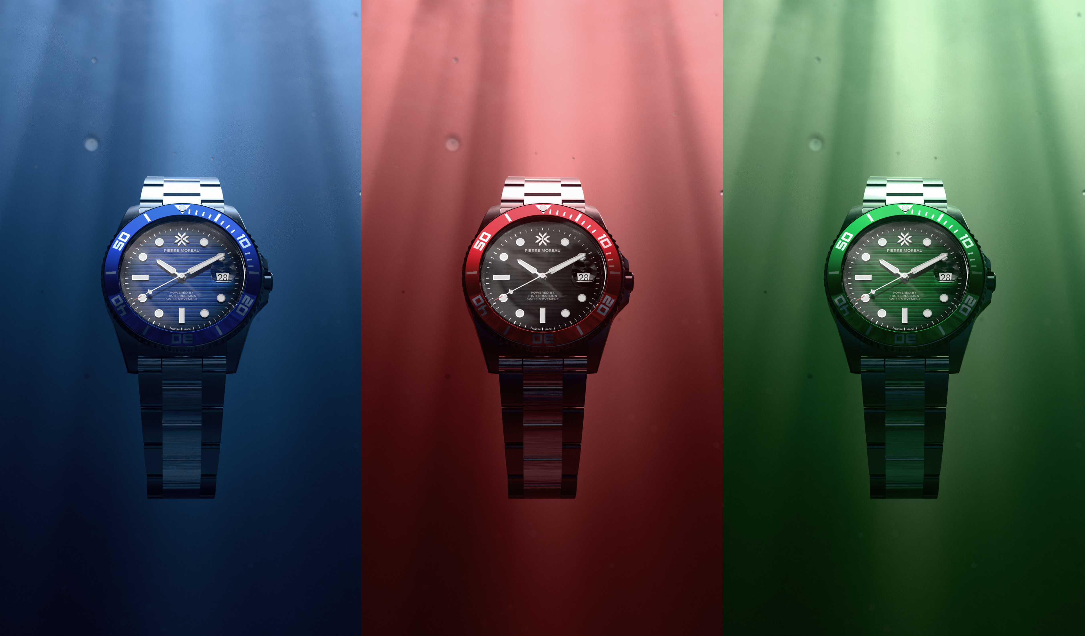Underwater-themed marketing render of the Pierre Moreau luxury watch